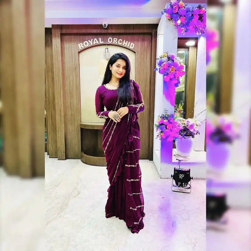 ST 1004 Purple Color Georgette Separate Ruffle Pallu Lehenga Saree Wedding, Party, Festive, Events Etc. Expected Delivery 4-6 Working Days @2099/- | Lehenga, Bollywood Lehenga, Creative Lehenga, Designer Lehenga, Embroidered Lehenga, Party Wear Lehenga