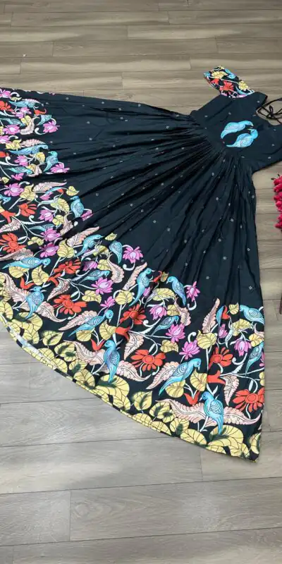 PC 307 Black Color Chant Crepe Kalamkari Printed Gown Casual, Party Wear, Events, Festivals Wear Etc. Expected Delivery 4-6 Working Days @1899/- | Gowns, Bollywood Gowns, Creative Gowns, Designer Gowns, Embroidered Gowns, Party Wear Gowns
