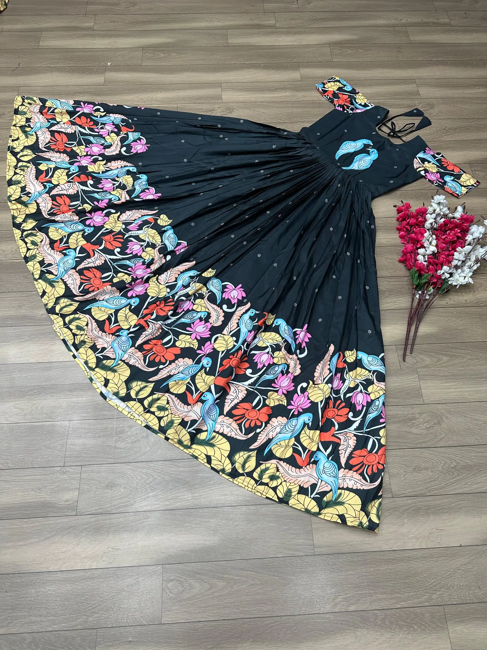 PC 307 Black Color Chant Crepe Kalamkari Printed Gown Casual, Party Wear, Events, Festivals Wear Etc. Expected Delivery 4-6 Working Days @1899/- | Gowns, Bollywood Gowns, Creative Gowns, Designer Gowns, Embroidered Gowns, Party Wear Gowns