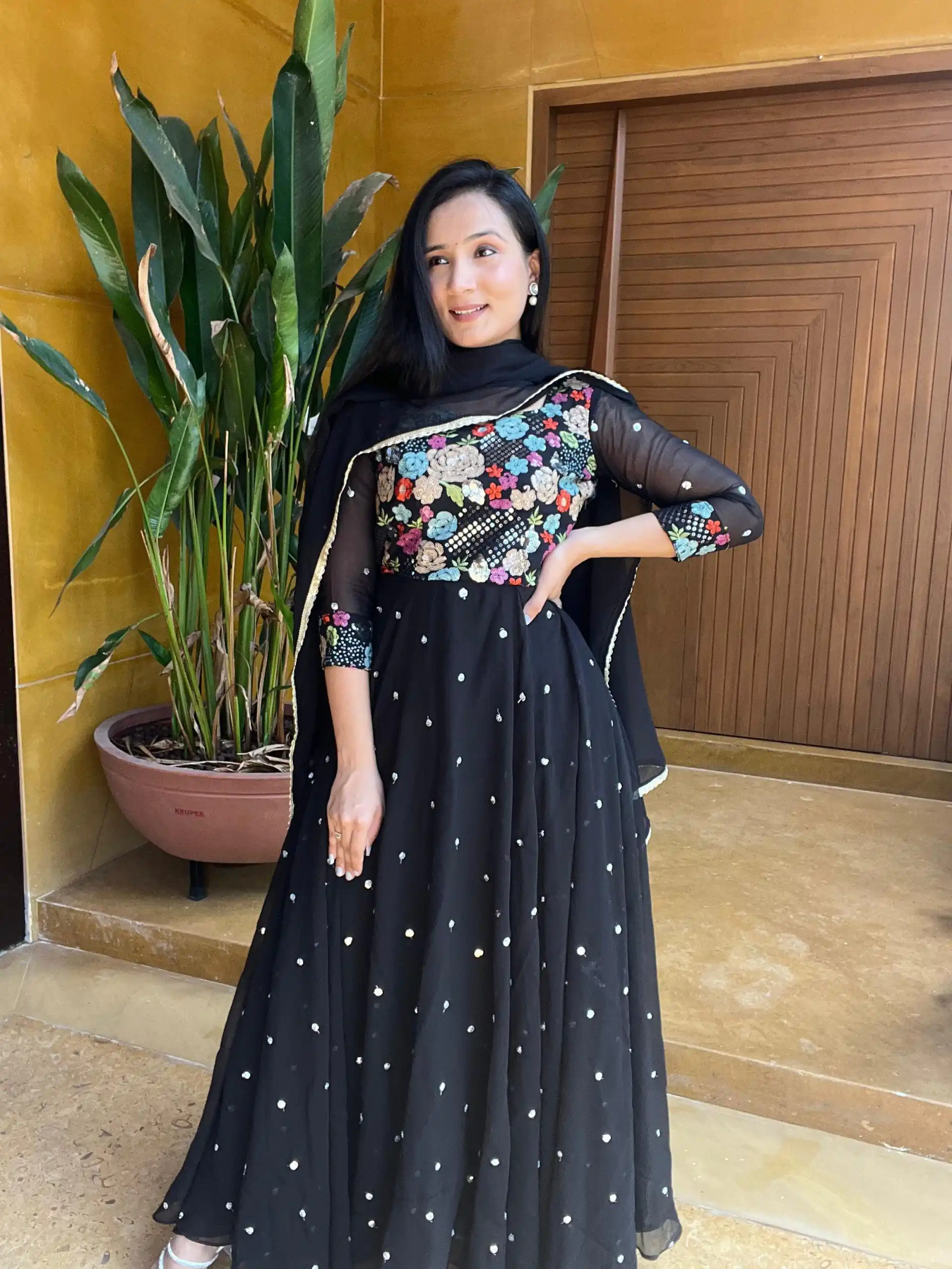   Ram 007 Black Color Fox Georgette Embroidery Lace Work Gown Casual, Wedding, Party, Festive, Events Etc. Expected Delivery 4-6 Working Days @2049/- | Gowns, Bollywood Gowns, Creative Gowns, Designer Gowns, Embroidered Gowns, Party Wear Gowns