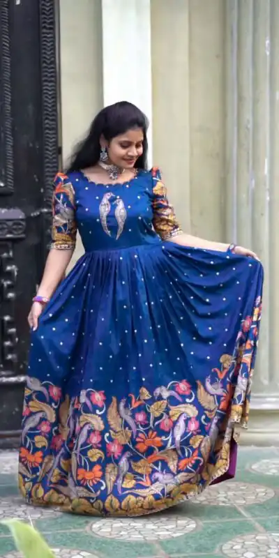 PC 307 Blue Color Chant Crepe Kalamkari Printed Gown Casual, Party Wear, Events, Festivals Wear Etc. Expected Delivery 4-6 Working Days @1899/- | Gowns, Bollywood Gowns, Creative Gowns, Designer Gowns, Embroidered Gowns, Party Wear Gowns