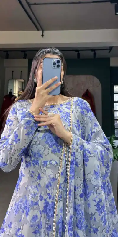 YNF 5008 Blue Color Georgette Floral Printed Work Gown Casual, Wedding Festive, Events, Designer Party Wear Expected Delivery 4-6 Working Days @2149/- | Gowns, Bollywood Gowns, Creative Gowns, Designer Gowns, Embroidered Gowns, Party Wear Gowns