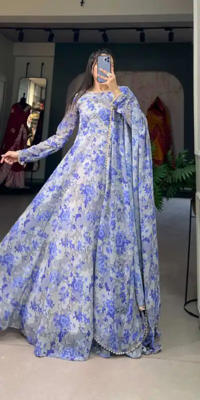 YNF 5008 Blue Color Georgette Floral Printed Work Gown Casual, Wedding Festive, Events, Designer Party Wear Expected Delivery 4-6 Working Days @2149/- | Gowns, Bollywood Gowns, Creative Gowns, Designer Gowns, Embroidered Gowns, Party Wear Gowns