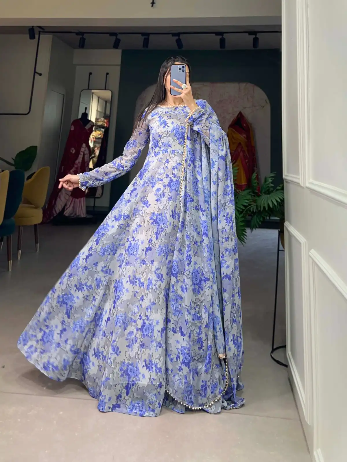 YNF 5008 Blue Color Georgette Floral Printed Work Gown Casual, Wedding Festive, Events, Designer Party Wear Expected Delivery 4-6 Working Days @2149/- | Gowns, Bollywood Gowns, Creative Gowns, Designer Gowns, Embroidered Gowns, Party Wear Gowns