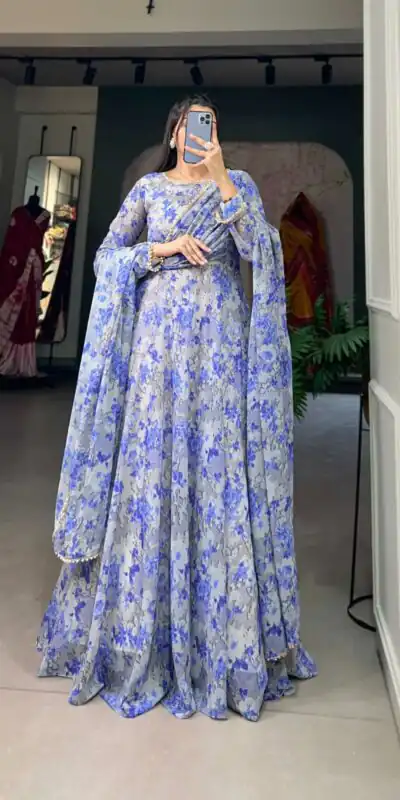 YNF 5008 Blue Color Georgette Floral Printed Work Gown Casual, Wedding Festive, Events, Designer Party Wear Expected Delivery 4-6 Working Days @2149/- | Gowns, Bollywood Gowns, Creative Gowns, Designer Gowns, Embroidered Gowns, Party Wear Gowns