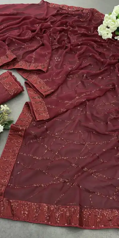 DF 3397 Maroon Color Georgette Sequins Embroidery Work Saree Casual, Party Wear, Wedding, Events Etc Delivery Expected.4-6 Working Days 1799/- | Sarees, Bollywood Sarees, Creative Sarees, Designer Sarees, Embroidered Sarees, Ethnic Saree, Modern Digital sarees, Party Wear Sarees