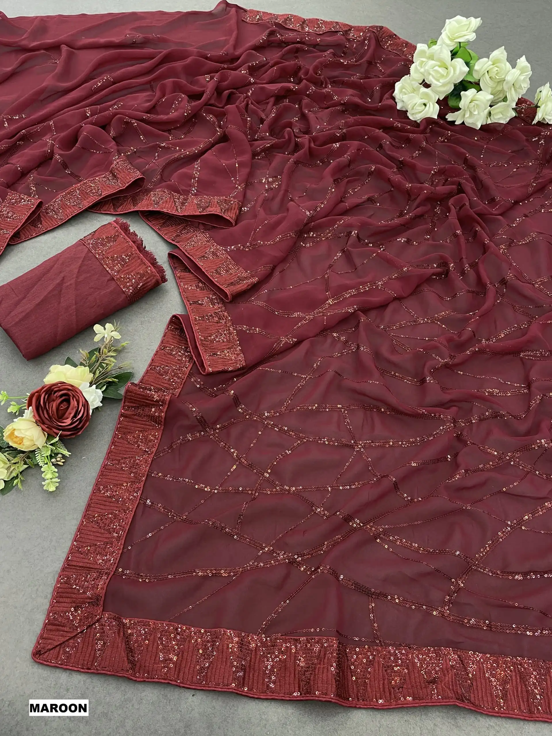 DF 3397 Maroon Color Georgette Sequins Embroidery Work Saree Casual, Party Wear, Wedding, Events Etc Delivery Expected.4-6 Working Days 1799/- | Sarees, Bollywood Sarees, Creative Sarees, Designer Sarees, Embroidered Sarees, Ethnic Saree, Modern Digital sarees, Party Wear Sarees