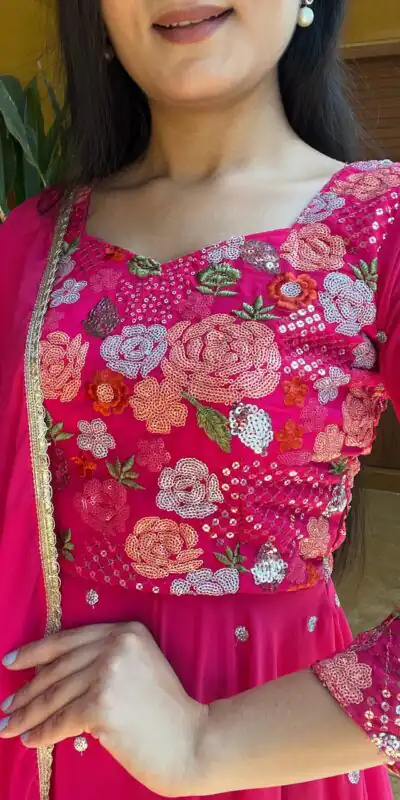   Ram 007 Pink Color Fox Georgette Embroidery Lace Work Gown Casual, Wedding, Party, Festive, Events Etc. Expected Delivery 4-6 Working Days @2049/- | Gowns, Bollywood Gowns, Creative Gowns, Designer Gowns, Embroidered Gowns, Party Wear Gowns