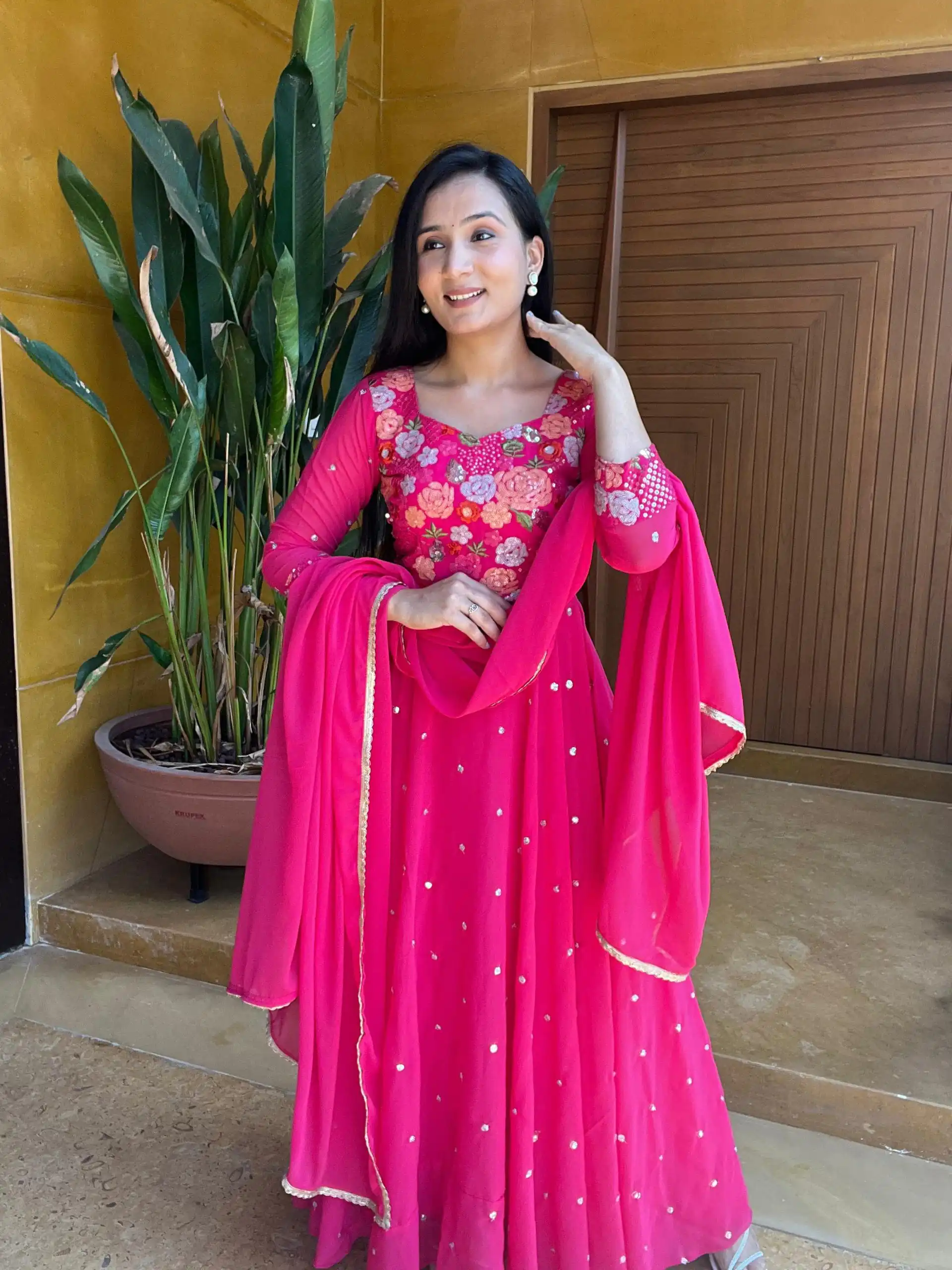   Ram 007 Pink Color Fox Georgette Embroidery Lace Work Gown Casual, Wedding, Party, Festive, Events Etc. Expected Delivery 4-6 Working Days @2049/- | Gowns, Bollywood Gowns, Creative Gowns, Designer Gowns, Embroidered Gowns, Party Wear Gowns