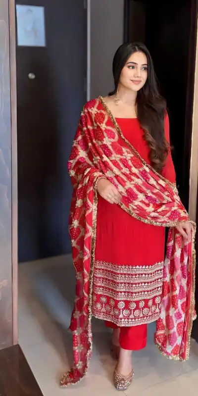 VLM 169 Red color Georgette Embroidery Work Salwar Suit Casual, Wedding, Party, Festive, Events . Expected Delivery  4-6 Working Days @1899/- | Jump Suits, Salwar suit, Designer Suits, Casual Suits, Creative suits, Palazzo Suits, Party Wear Suits, Patiala Suits, Straight Suits