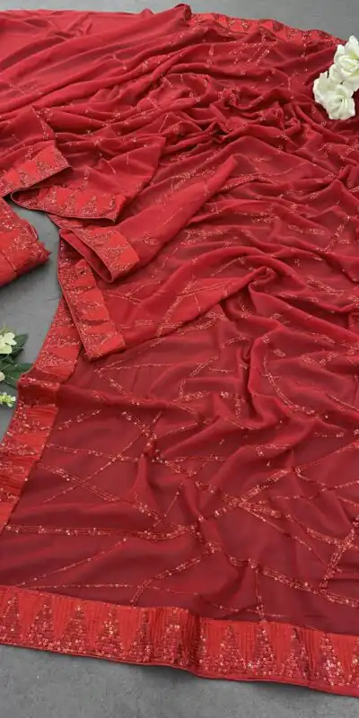 DF 3397 Red Color Georgette Sequins Embroidery Work Saree Casual, Party Wear, Wedding, Events Etc Delivery Expected.4-6 Working Days 1799/- | Sarees, Bollywood Sarees, Creative Sarees, Designer Sarees, Embroidered Sarees, Ethnic Saree, Modern Digital sarees, Party Wear Sarees