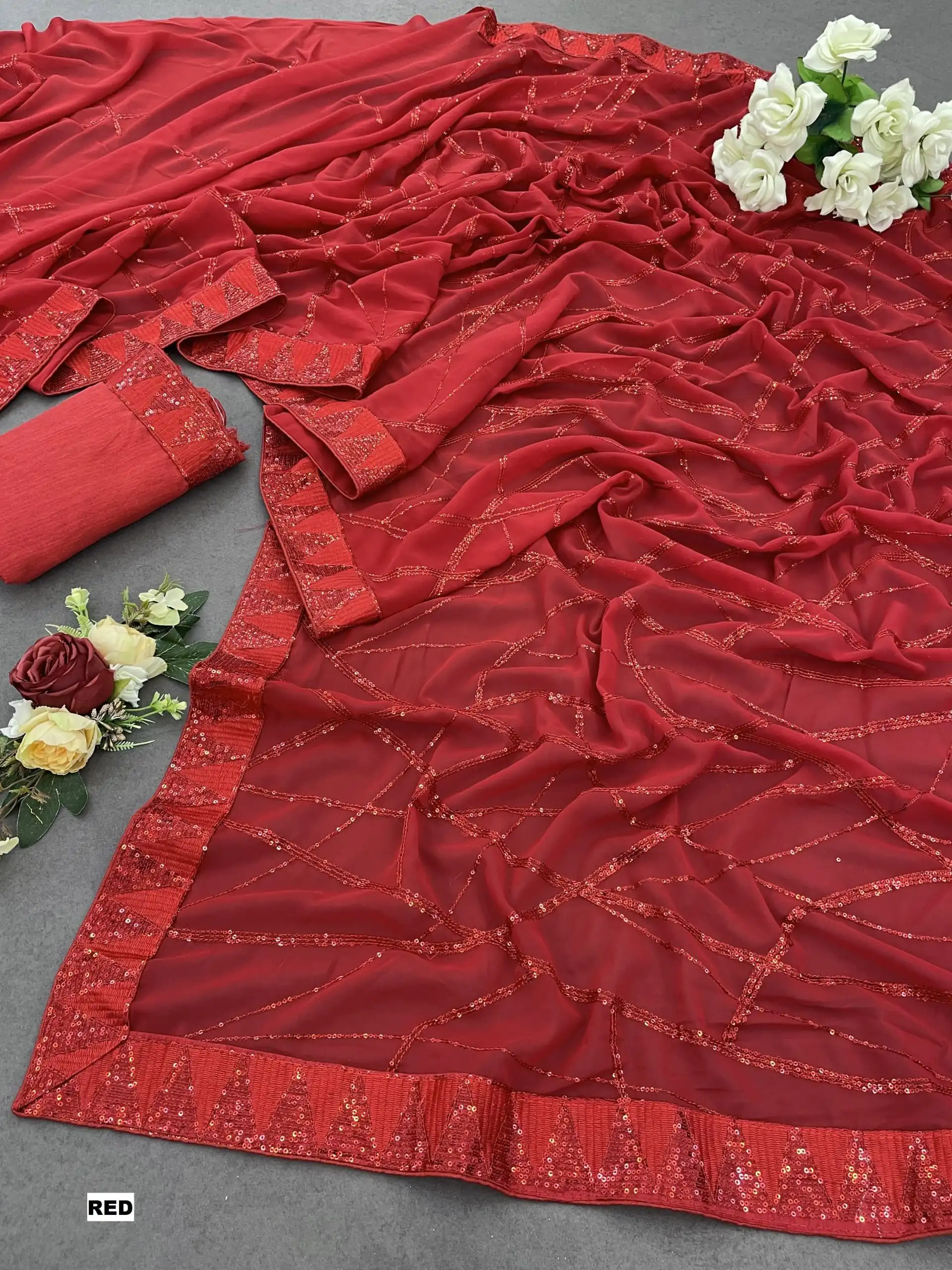 DF 3397 Red Color Georgette Sequins Embroidery Work Saree Casual, Party Wear, Wedding, Events Etc Delivery Expected.4-6 Working Days 1799/- | Sarees, Bollywood Sarees, Creative Sarees, Designer Sarees, Embroidered Sarees, Ethnic Saree, Modern Digital sarees, Party Wear Sarees