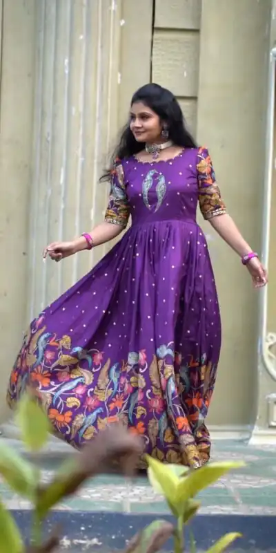 PC 307 Violet Color Chant Crepe Kalamkari Printed Gown Casual, Party Wear, Events, Festivals Wear Etc. Expected Delivery 4-6 Working Days @1899/- | Gowns, Bollywood Gowns, Creative Gowns, Designer Gowns, Embroidered Gowns, Party Wear Gowns