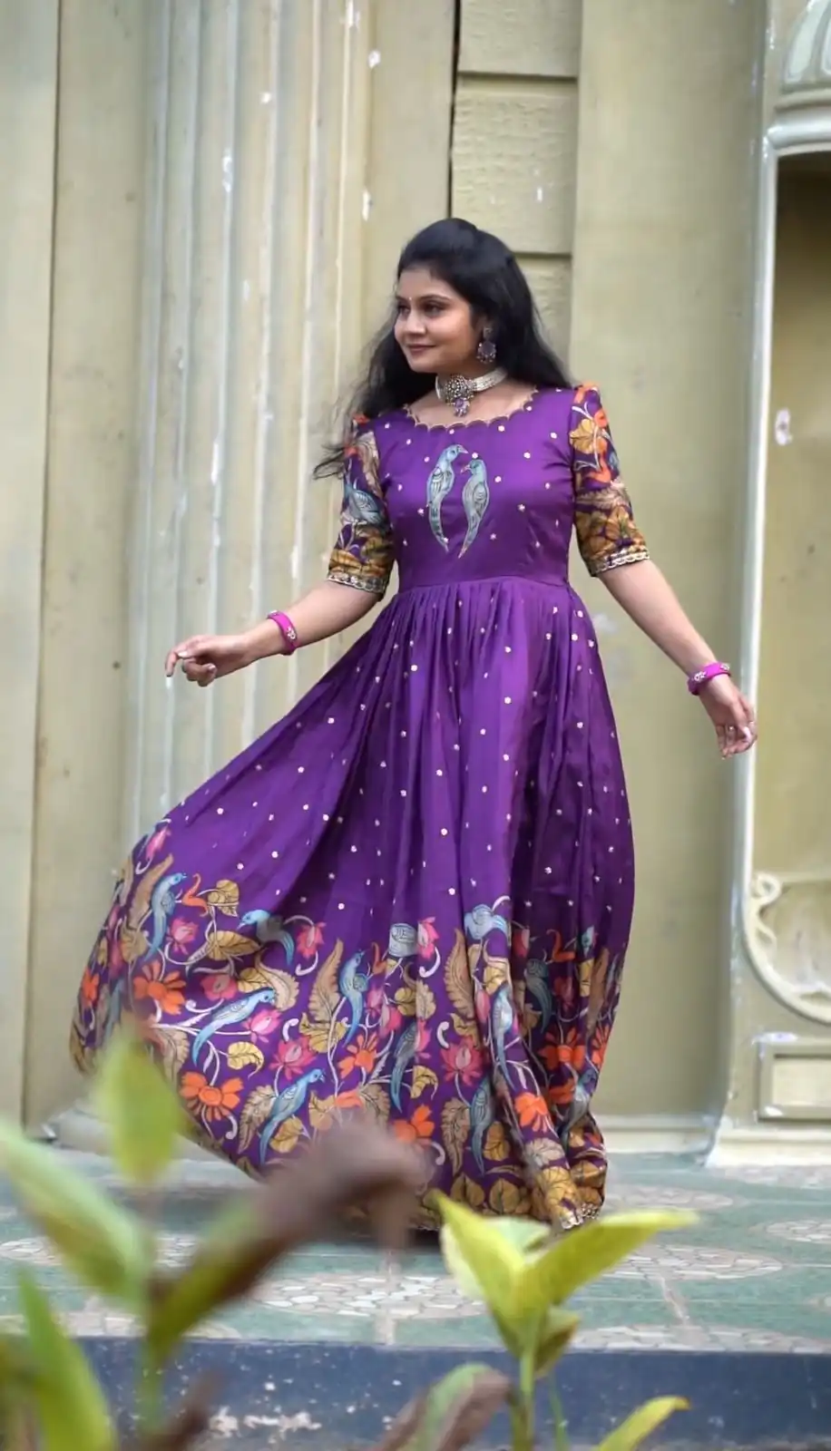 PC 307 Violet Color Chant Crepe Kalamkari Printed Gown Casual, Party Wear, Events, Festivals Wear Etc. Expected Delivery 4-6 Working Days @1899/- | Gowns, Bollywood Gowns, Creative Gowns, Designer Gowns, Embroidered Gowns, Party Wear Gowns