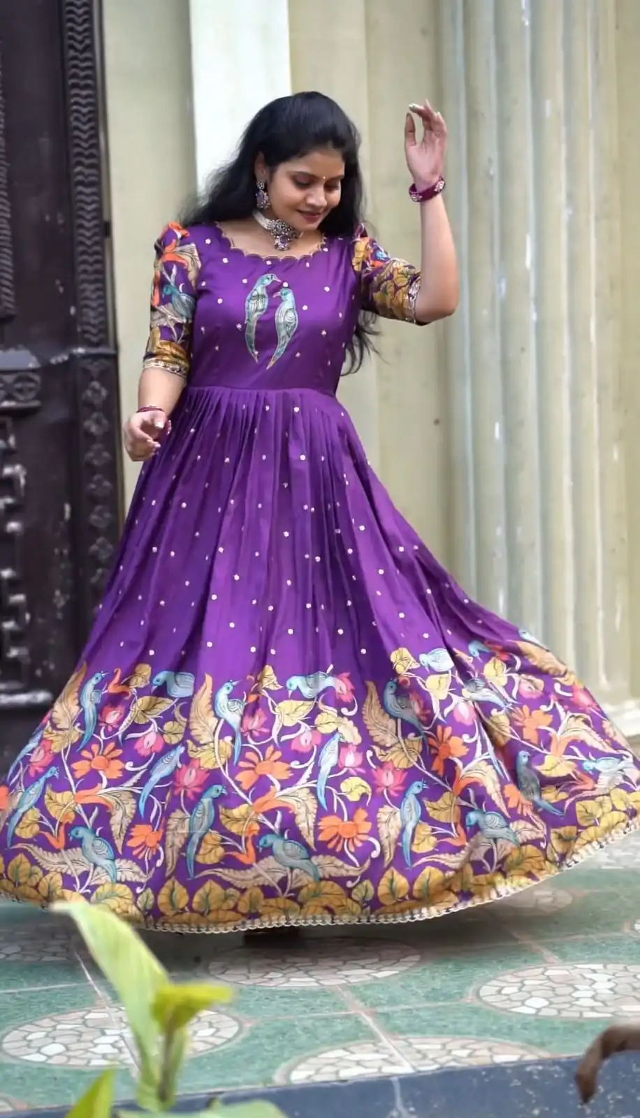 PC 307 Violet Color Chant Crepe Kalamkari Printed Gown Casual, Party Wear, Events, Festivals Wear Etc. Expected Delivery 4-6 Working Days @1899/- | Gowns, Bollywood Gowns, Creative Gowns, Designer Gowns, Embroidered Gowns, Party Wear Gowns