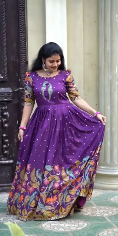 PC 307 Violet Color Chant Crepe Kalamkari Printed Gown Casual, Party Wear, Events, Festivals Wear Etc. Expected Delivery 4-6 Working Days @1899/- | Gowns, Bollywood Gowns, Creative Gowns, Designer Gowns, Embroidered Gowns, Party Wear Gowns