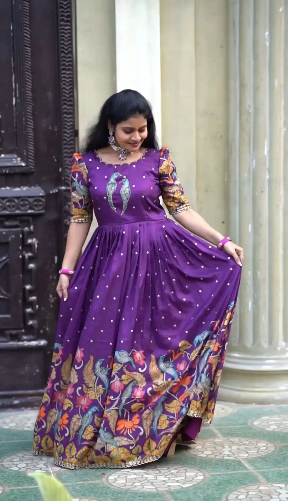 PC 307 Violet Color Chant Crepe Kalamkari Printed Gown Casual, Party Wear, Events, Festivals Wear Etc. Expected Delivery 4-6 Working Days @1899/- | Gowns, Bollywood Gowns, Creative Gowns, Designer Gowns, Embroidered Gowns, Party Wear Gowns