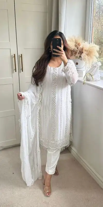 NF 1198 White color Faux Georgette Embroidery Salwar Suit Casual, Wedding, Party, Festive, Events . Expected Delivery  4-6 Working Days @2199 | Jump Suits, Salwar suit, Designer Suits, Casual Suits, Creative suits, Palazzo Suits, Party Wear Suits, Patiala Suits, Straight Suits