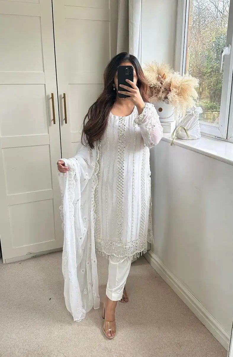NF 1198 White color Faux Georgette Embroidery Salwar Suit Casual, Wedding, Party, Festive, Events . Expected Delivery  4-6 Working Days @2199 | Jump Suits, Salwar suit, Designer Suits, Casual Suits, Creative suits, Palazzo Suits, Party Wear Suits, Patiala Suits, Straight Suits