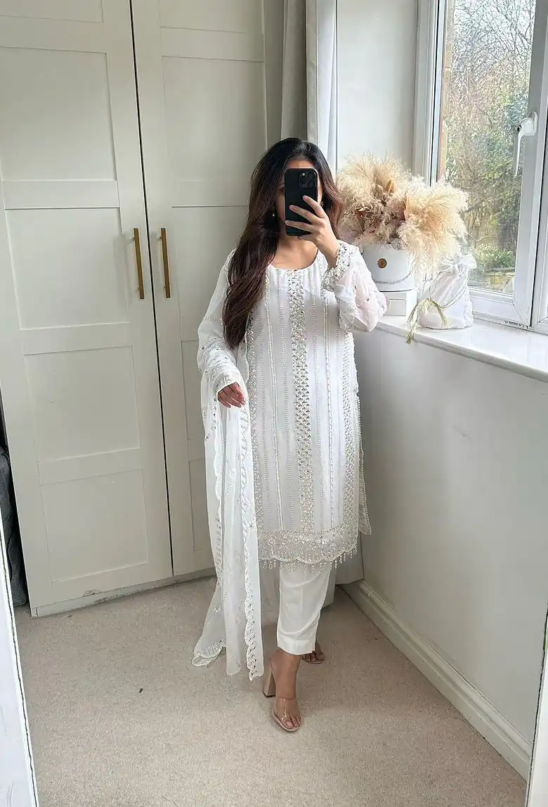 NF 1198 White color Faux Georgette Embroidery Salwar Suit Casual, Wedding, Party, Festive, Events . Expected Delivery  4-6 Working Days @2199 | Jump Suits, Salwar suit, Designer Suits, Casual Suits, Creative suits, Palazzo Suits, Party Wear Suits, Patiala Suits, Straight Suits
