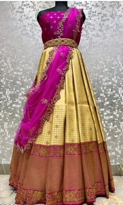 SC Mohini Yellow Color Kanjivaram Silk Zari Design Half Saree , Party Wear, Events, Festivals Expected Delivery 4-6 Working Days 1749/- | Lehenga, Bollywood Lehenga, Creative Lehenga, Designer Lehenga, Embroidered Lehenga, Party Wear Lehenga