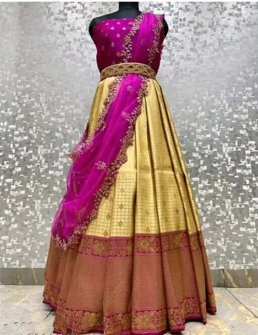 SC Mohini Yellow Color Kanjivaram Silk Zari Design Half Saree , Party Wear, Events, Festivals Expected Delivery 4-6 Working Days 1749/- | Lehenga, Bollywood Lehenga, Creative Lehenga, Designer Lehenga, Embroidered Lehenga, Party Wear Lehenga