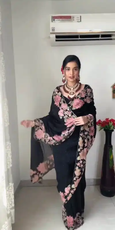 KD 403 Black Color Faux Georgette Three With Pearl Work Saree Casual, Party, Wedding, Festive, Events Etc.  Expected Delivery  4-6 Working Days @1799/- | Sarees, Bollywood Sarees, Creative Sarees, Designer Sarees, Embroidered Sarees, Ethnic Saree, Modern Digital sarees, Party Wear Sarees