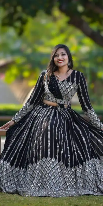 Ram 001 Black Color Georgette Sequence Thread Work With Zari Lehenga Choli Casual, Wedding, Festive, Events Expected Delivery 4-6 Working Days @2949/- | Lehenga, Bollywood Lehenga, Creative Lehenga, Designer Lehenga, Embroidered Lehenga, Party Wear Lehenga