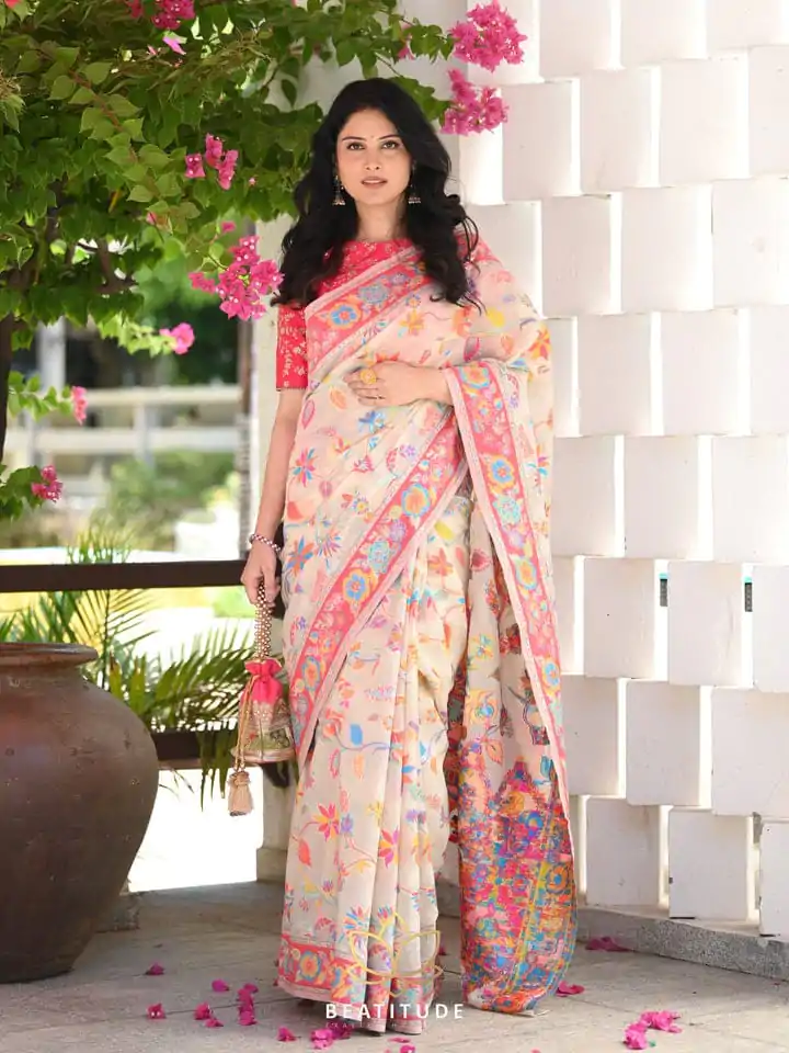 DDF 501 Cream Color Kashmiri Running Thread Zari Work Saree Casual, Party Wear, Events, Festivals Etc. Expected Delivery 4-6 Working Days 2399/- | Sarees, Bollywood Sarees, Creative Sarees, Designer Sarees, Embroidered Sarees, Ethnic Saree, Modern Digital sarees, Party Wear Sarees