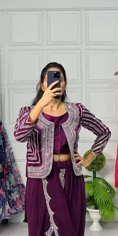 ST 1010 Purple Color Georgette Koti Embroidery Lehenga Saree Casual, Wedding, Party, Festive, Events Etc. Expected Delivery 4-6 Working Days @1099/- | Sarees, Bollywood Sarees, Creative Sarees, Designer Sarees, Embroidered Sarees, Ethnic Saree, Modern Digital sarees, Party Wear Sarees