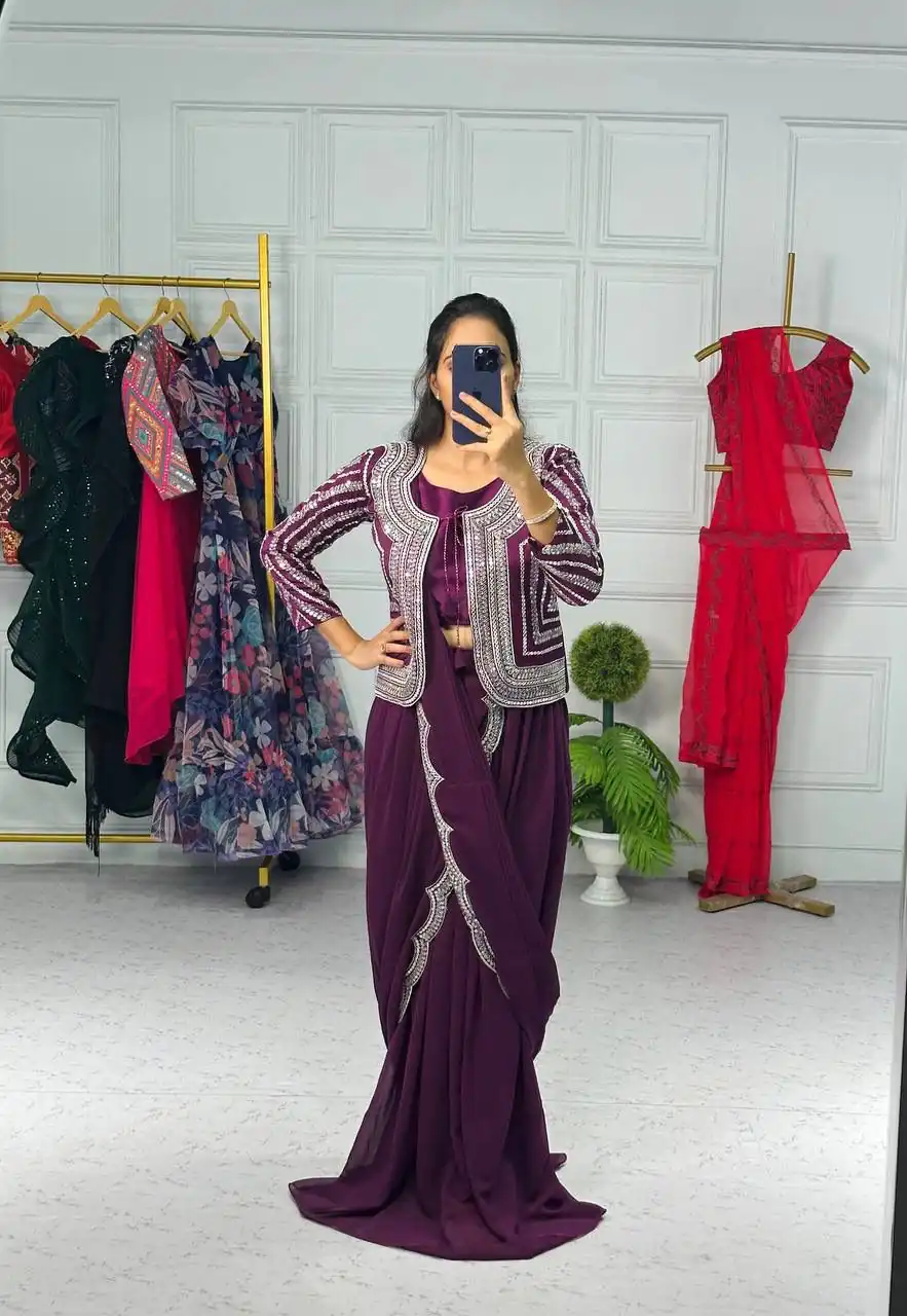 ST 1010 Purple Color Georgette Koti Embroidery Lehenga Saree Casual, Wedding, Party, Festive, Events Etc. Expected Delivery 4-6 Working Days @1099/- | Sarees, Bollywood Sarees, Creative Sarees, Designer Sarees, Embroidered Sarees, Ethnic Saree, Modern Digital sarees, Party Wear Sarees