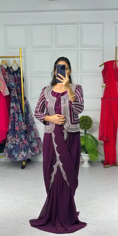 ST 1010 Purple Color Georgette Koti Embroidery Lehenga Saree Casual, Wedding, Party, Festive, Events Etc. Expected Delivery 4-6 Working Days @1099/- | Sarees, Bollywood Sarees, Creative Sarees, Designer Sarees, Embroidered Sarees, Ethnic Saree, Modern Digital sarees, Party Wear Sarees