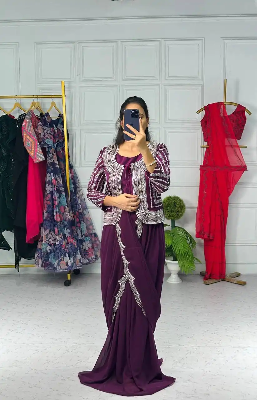 ST 1010 Purple Color Georgette Koti Embroidery Lehenga Saree Casual, Wedding, Party, Festive, Events Etc. Expected Delivery 4-6 Working Days @1099/- | Sarees, Bollywood Sarees, Creative Sarees, Designer Sarees, Embroidered Sarees, Ethnic Saree, Modern Digital sarees, Party Wear Sarees