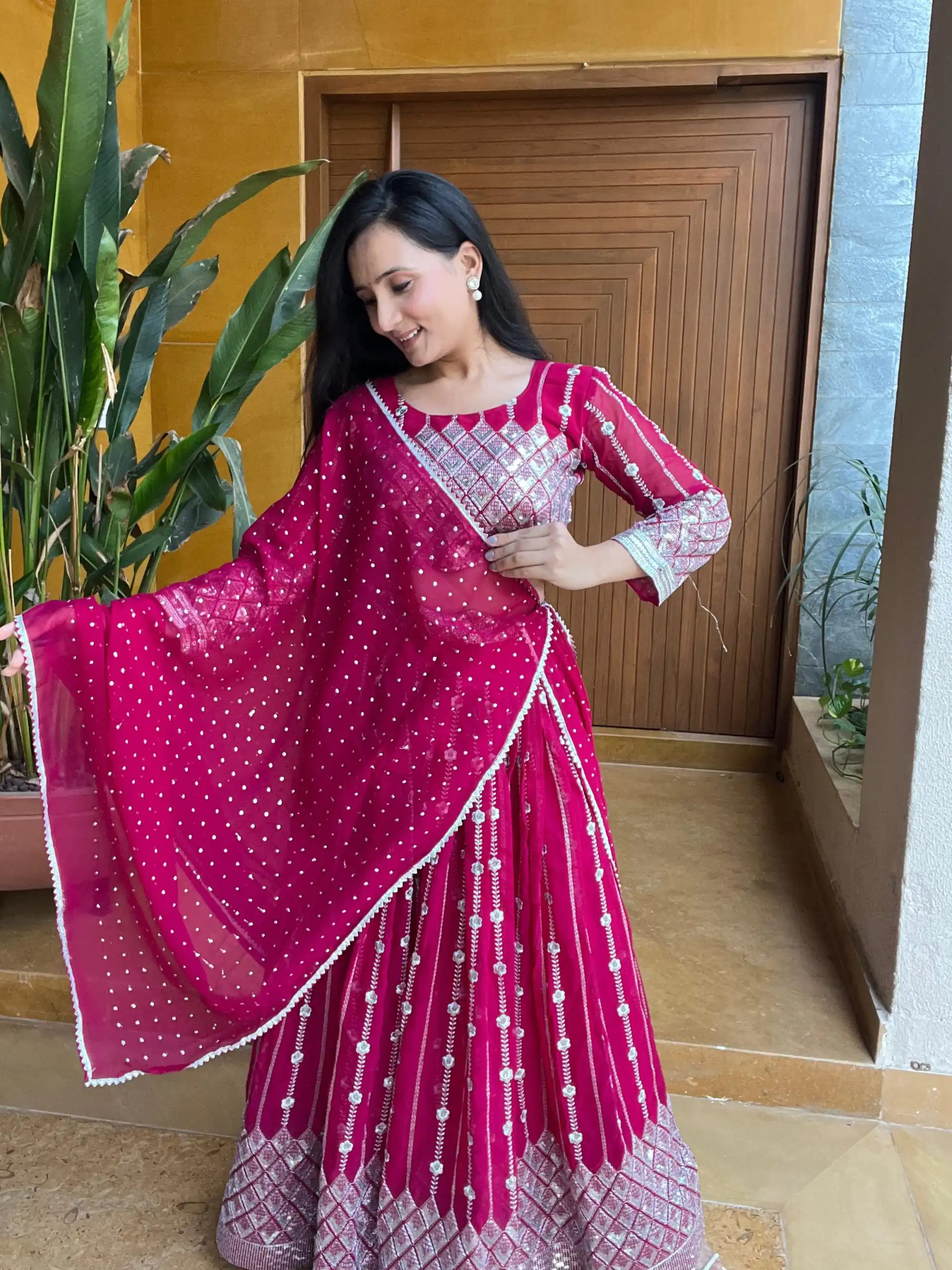 Ram 001 Rani Color Georgette Sequence Thread Work With Zari Lehenga Choli Casual, Wedding, Festive, Events Expected Delivery 4-6 Working Days @2949/- | Lehenga, Bollywood Lehenga, Creative Lehenga, Designer Lehenga, Embroidered Lehenga, Party Wear Lehenga