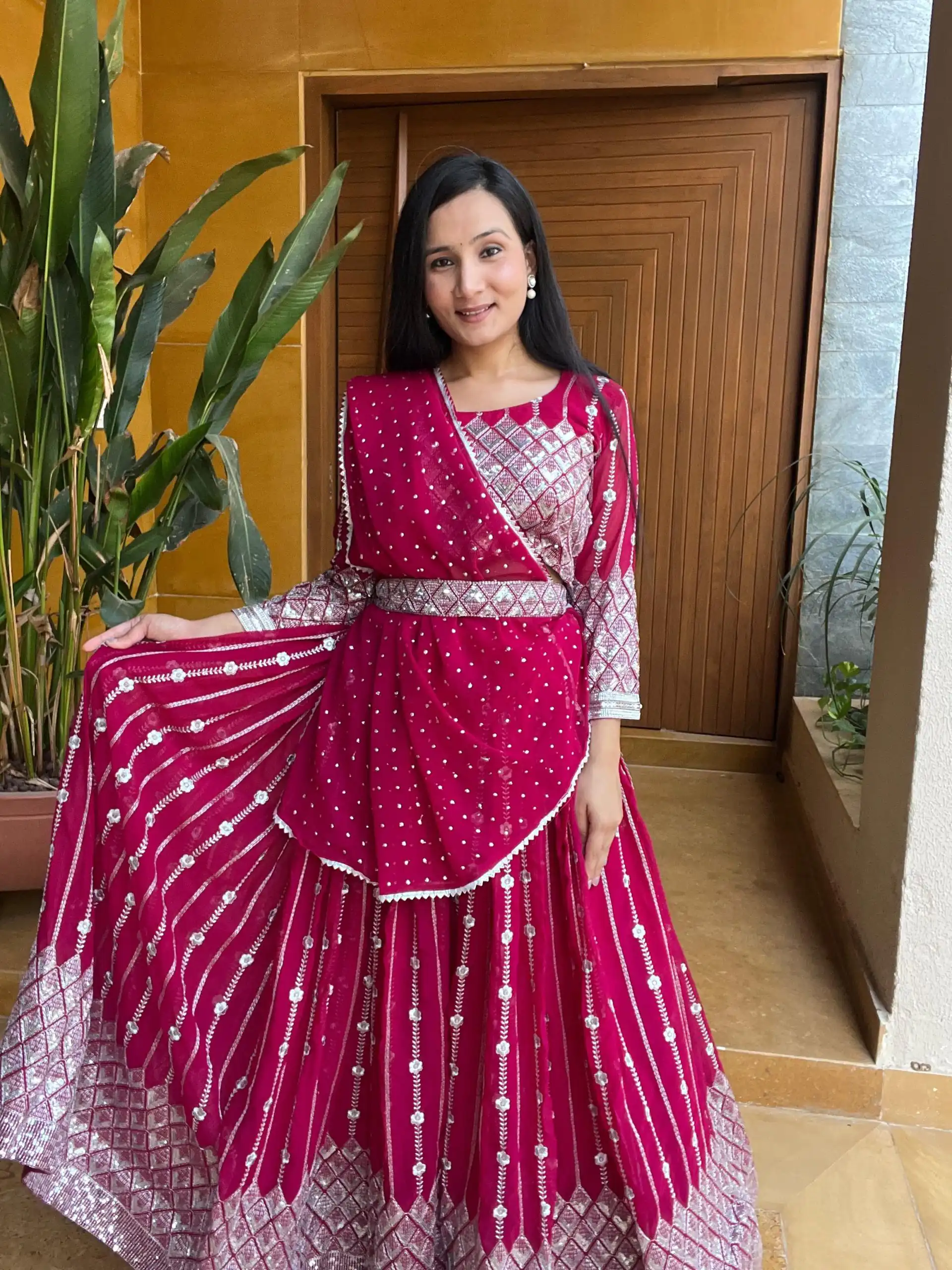 Ram 001 Rani Color Georgette Sequence Thread Work With Zari Lehenga Choli Casual, Wedding, Festive, Events Expected Delivery 4-6 Working Days @2949/- | Lehenga, Bollywood Lehenga, Creative Lehenga, Designer Lehenga, Embroidered Lehenga, Party Wear Lehenga