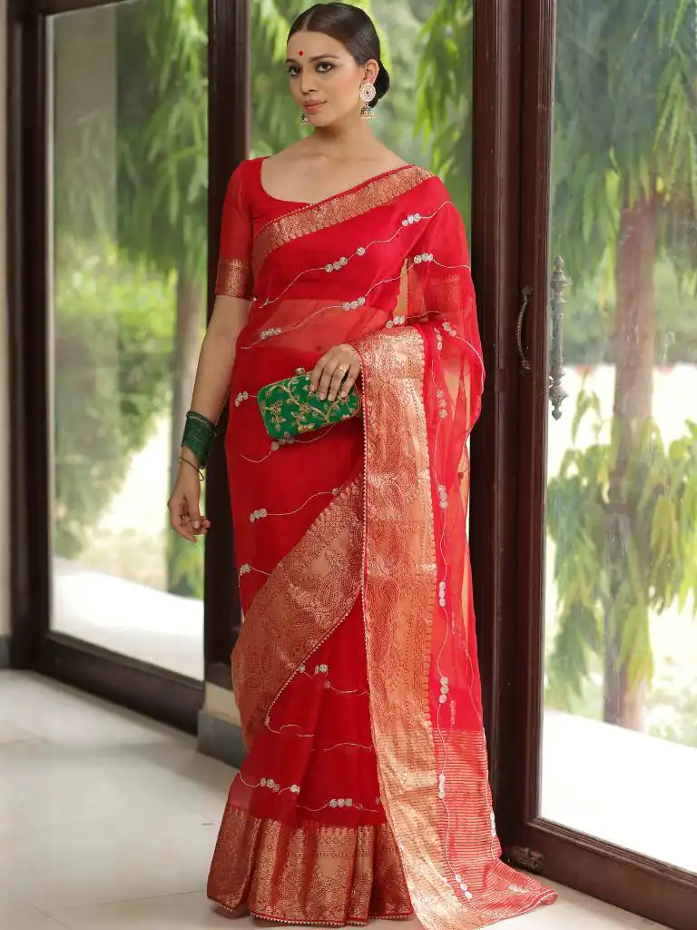 MS Kora Red Color Organza Sequins Lehriya Embroidery Saree Casual, Party Wear, Wedding, Events, Etc. Expected Delivery 4-6 Working Days 1599/- | Sarees, Bollywood Sarees, Creative Sarees, Designer Sarees, Embroidered Sarees, Ethnic Saree, Modern Digital sarees, Party Wear Sarees