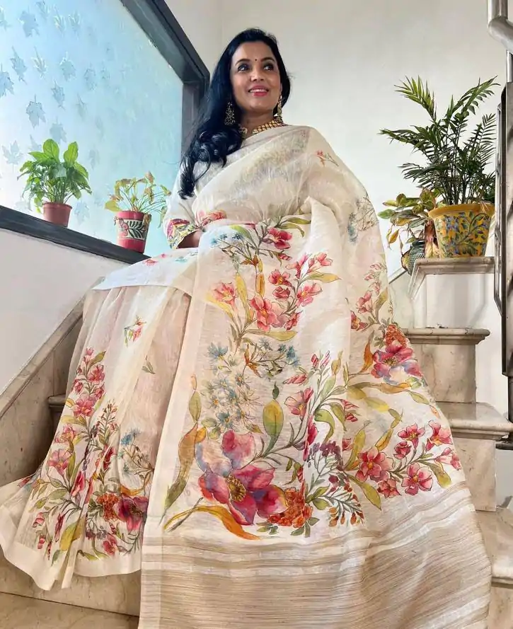 NT 568 White Color Plain Linen Digital Printed All Over Saree Events Casual Wedding Festive . Expected Delivery  4-6 Working Days @1449/- | Sarees, Bollywood Sarees, Creative Sarees, Designer Sarees, Embroidered Sarees, Ethnic Saree, Modern Digital sarees, Party Wear Sarees