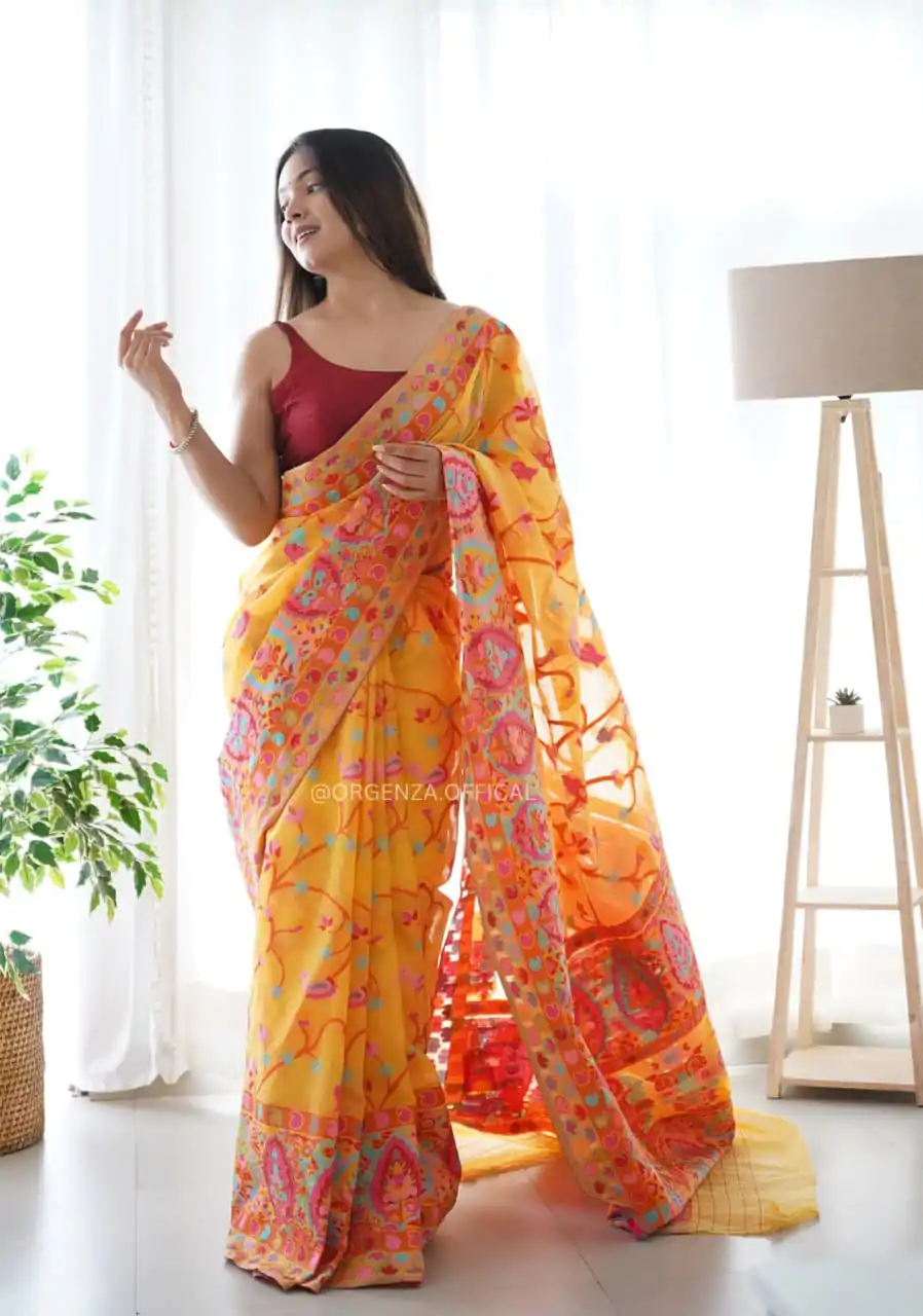 DDF 503 Yellow Color Kashmiri Running Thread Zari Work Saree Casual, Party Wear, Events, Festivals Etc. Expected Delivery 4-6 Working Days 2099/- | Sarees, Bollywood Sarees, Creative Sarees, Designer Sarees, Embroidered Sarees, Ethnic Saree, Modern Digital sarees, Party Wear Sarees