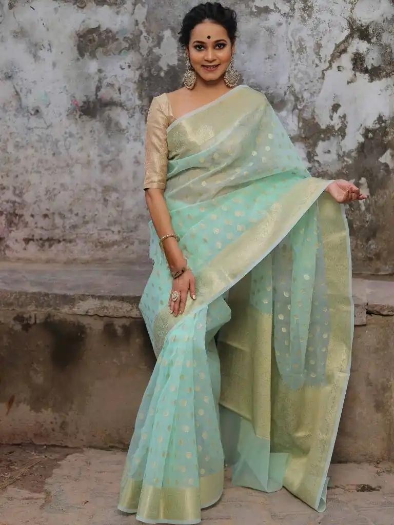 MS 440 Aqua Marine Color Organza Jacquard Butti Worked Saree Casual, Party Wear, Wedding, Events, Etc. Expected Delivery 4-6 Working Days 1449/- | Sarees, Bollywood Sarees, Creative Sarees, Designer Sarees, Embroidered Sarees, Ethnic Saree, Modern Digital sarees, Party Wear Sarees