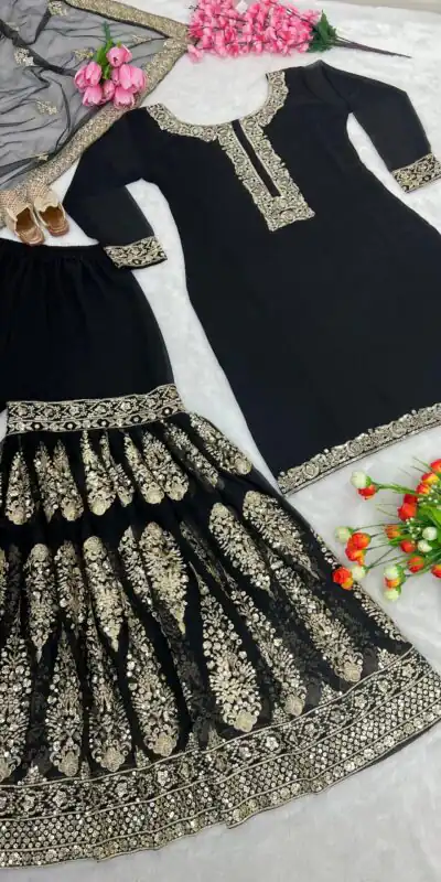 SR 1529 Black Color Heavy Georgette Embroidery Sequence Sharara Suit Wedding, Party, Festive, Events Etc. Expected Delivery 4-6 Working Days @2099/- | Salwar suit, Designer Suits, Casual Suits, Creative suits, Palazzo Suits, Party Wear Suits, Straight Suits