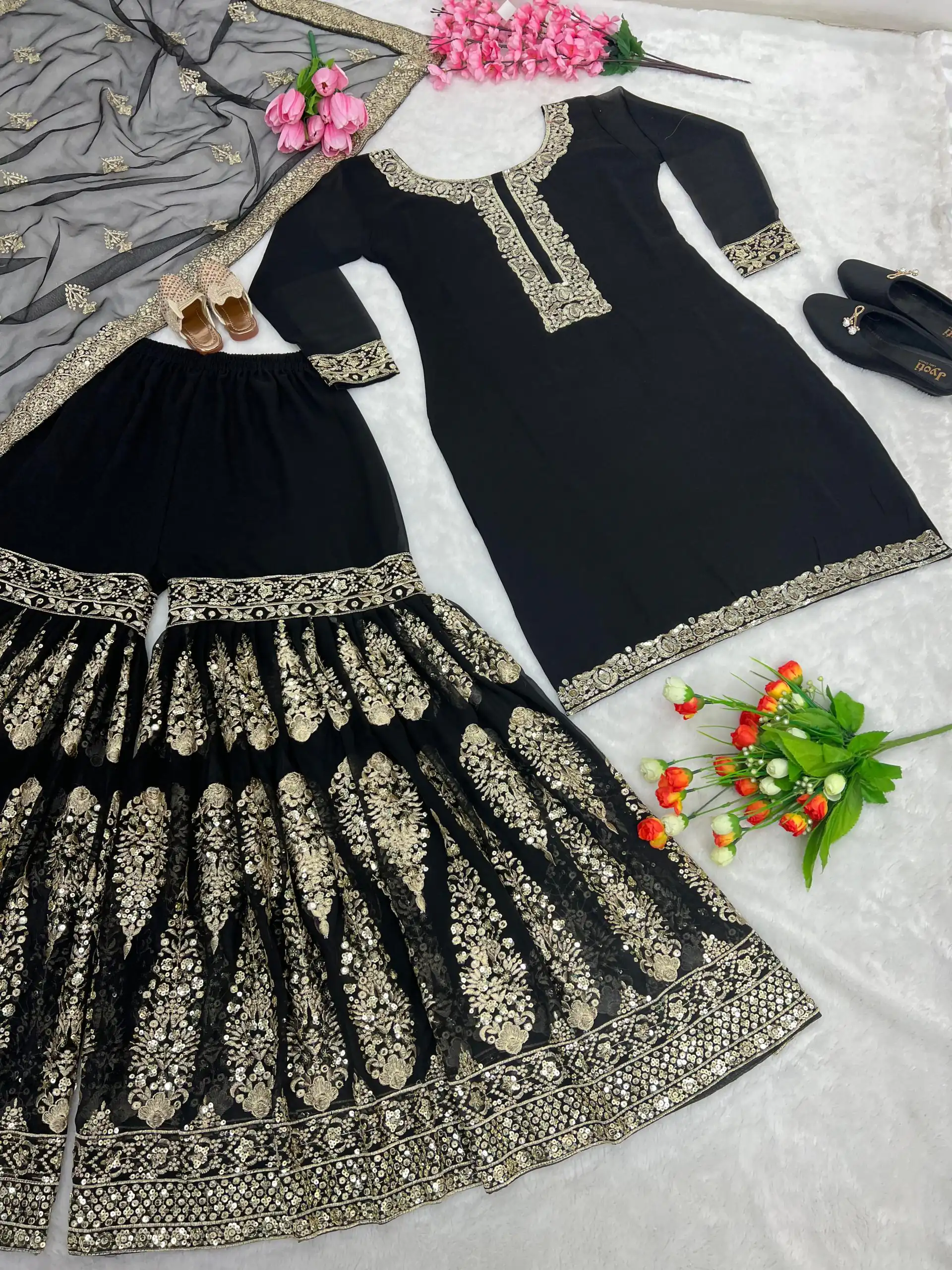 SR 1529 Black Color Heavy Georgette Embroidery Sequence Sharara Suit Wedding, Party, Festive, Events Etc. Expected Delivery 4-6 Working Days @2099/- | Salwar suit, Designer Suits, Casual Suits, Creative suits, Palazzo Suits, Party Wear Suits, Straight Suits