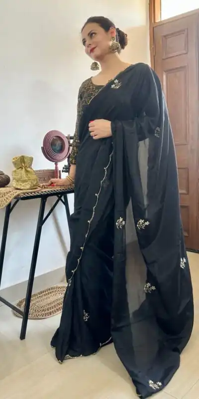   AC BEAUTY Black Color Soft Chinnon Hand Work Flower Design Saree Casual, Wedding, Festive, Events Expected Delivery 4-6 Working Days @2449/- | Sarees, Bollywood Sarees, Creative Sarees, Designer Sarees, Embroidered Sarees, Ethnic Saree, Modern Digital sarees, Party Wear Sarees