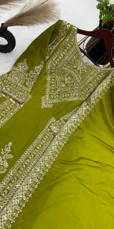 NSR 805 Green Color Pure Chinnon Silk Embroidery Coding Salwar Suit Casual, Party Festive, Events Etc. Expected Delivery 4-6 Working Days @2149/- | Jump Suits, Salwar suit, Designer Suits, Casual Suits, Creative suits, Palazzo Suits, Party Wear Suits, Patiala Suits, Straight Suits