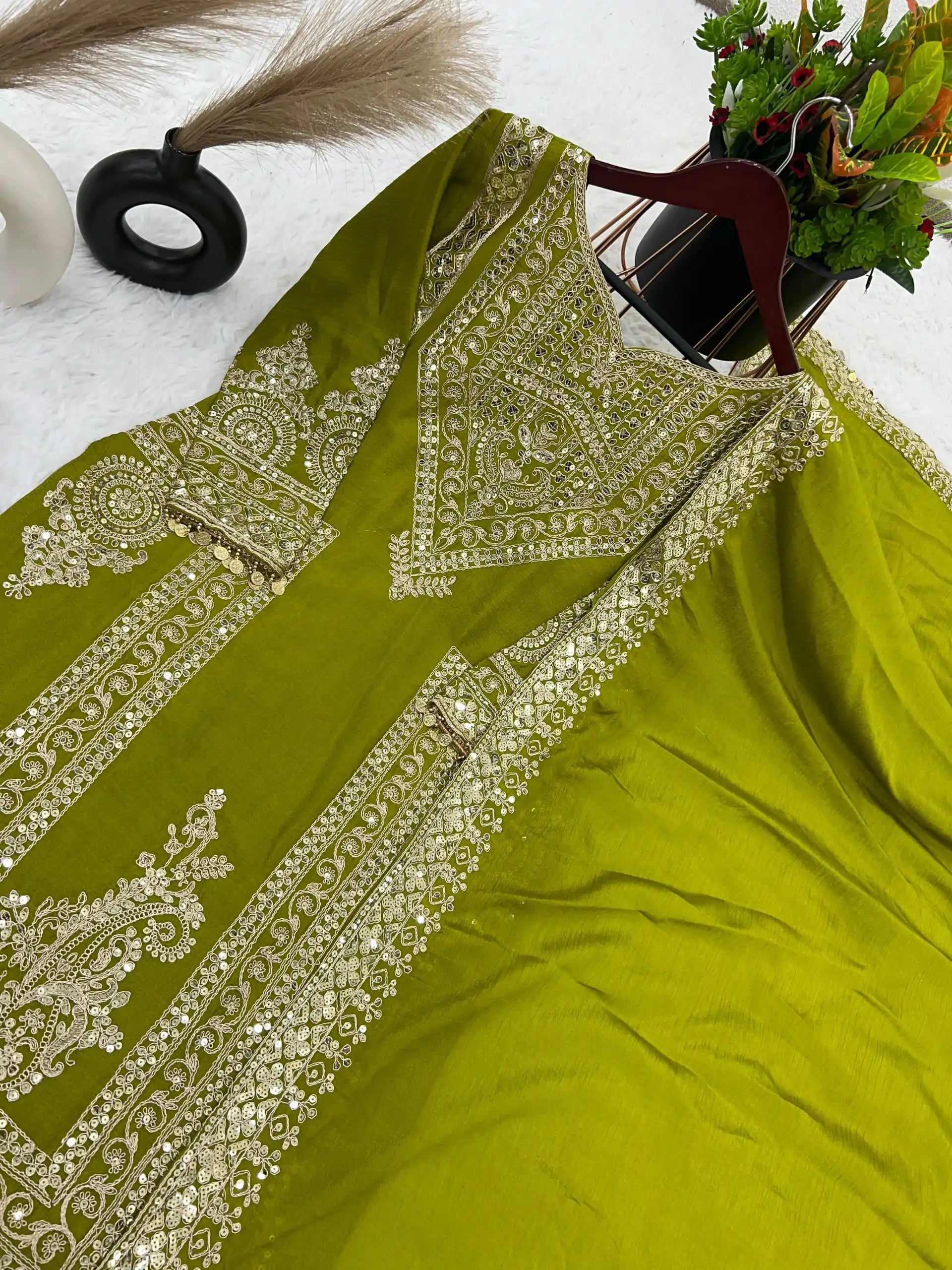 NSR 805 Green Color Pure Chinnon Silk Embroidery Coding Salwar Suit Casual, Party Festive, Events Etc. Expected Delivery 4-6 Working Days @2149/- | Jump Suits, Salwar suit, Designer Suits, Casual Suits, Creative suits, Palazzo Suits, Party Wear Suits, Patiala Suits, Straight Suits