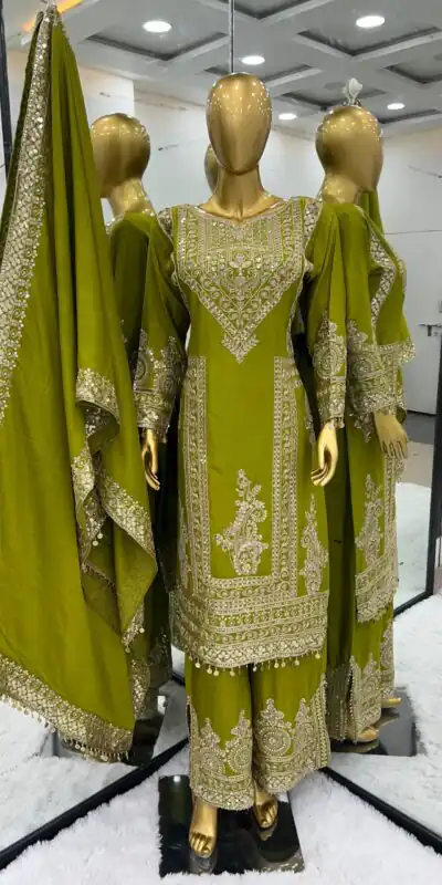 NSR 805 Green Color Pure Chinnon Silk Embroidery Coding Salwar Suit Casual, Party Festive, Events Etc. Expected Delivery 4-6 Working Days @2149/- | Jump Suits, Salwar suit, Designer Suits, Casual Suits, Creative suits, Palazzo Suits, Party Wear Suits, Patiala Suits, Straight Suits