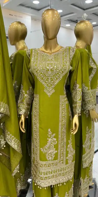 NSR 805 Green Color Pure Chinnon Silk Embroidery Coding Salwar Suit Casual, Party Festive, Events Etc. Expected Delivery 4-6 Working Days @2149/- | Jump Suits, Salwar suit, Designer Suits, Casual Suits, Creative suits, Palazzo Suits, Party Wear Suits, Patiala Suits, Straight Suits