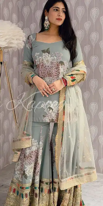 SR 1618 Grey Color Heavy Chinnon Silk Embroidery Work Sharara Suit Wedding, Party, Festive, Events Etc. Expected Delivery 4-6 Working Days @2149 | Salwar suit, Designer Suits, Casual Suits, Creative suits, Palazzo Suits, Party Wear Suits, Straight Suits