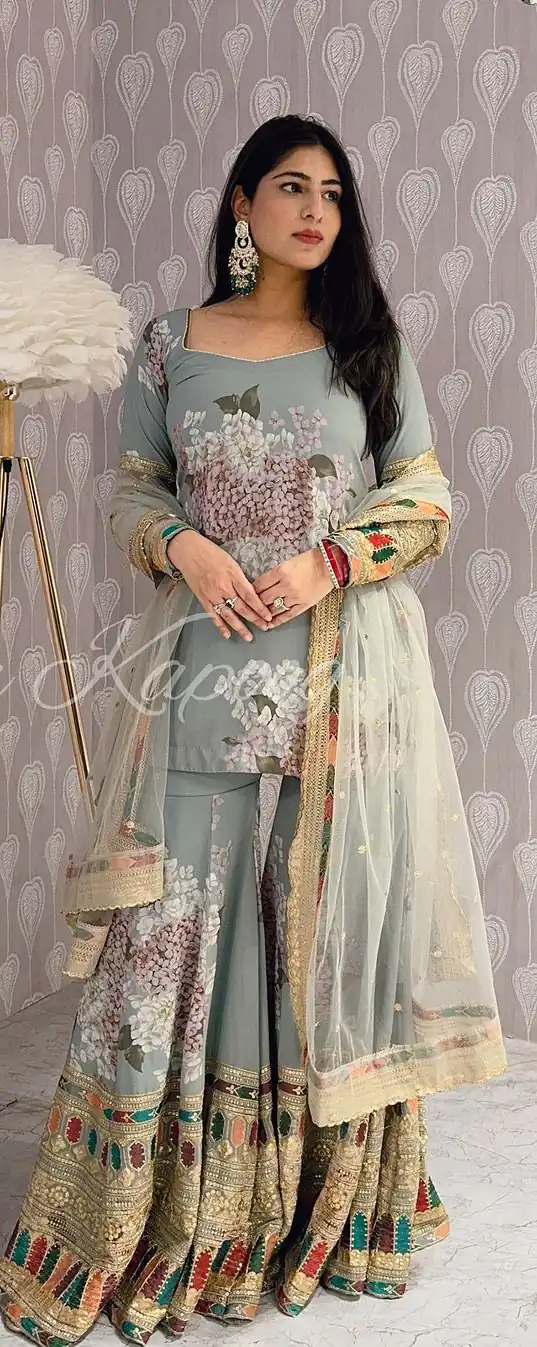 SR 1618 Grey Color Heavy Chinnon Silk Embroidery Work Sharara Suit Wedding, Party, Festive, Events Etc. Expected Delivery 4-6 Working Days @2149 | Salwar suit, Designer Suits, Casual Suits, Creative suits, Palazzo Suits, Party Wear Suits, Straight Suits
