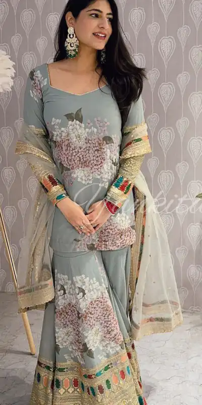 SR 1618 Grey Color Heavy Chinnon Silk Embroidery Work Sharara Suit Wedding, Party, Festive, Events Etc. Expected Delivery 4-6 Working Days @2149 | Salwar suit, Designer Suits, Casual Suits, Creative suits, Palazzo Suits, Party Wear Suits, Straight Suits