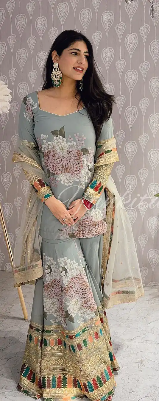 SR 1618 Grey Color Heavy Chinnon Silk Embroidery Work Sharara Suit Wedding, Party, Festive, Events Etc. Expected Delivery 4-6 Working Days @2149 | Salwar suit, Designer Suits, Casual Suits, Creative suits, Palazzo Suits, Party Wear Suits, Straight Suits